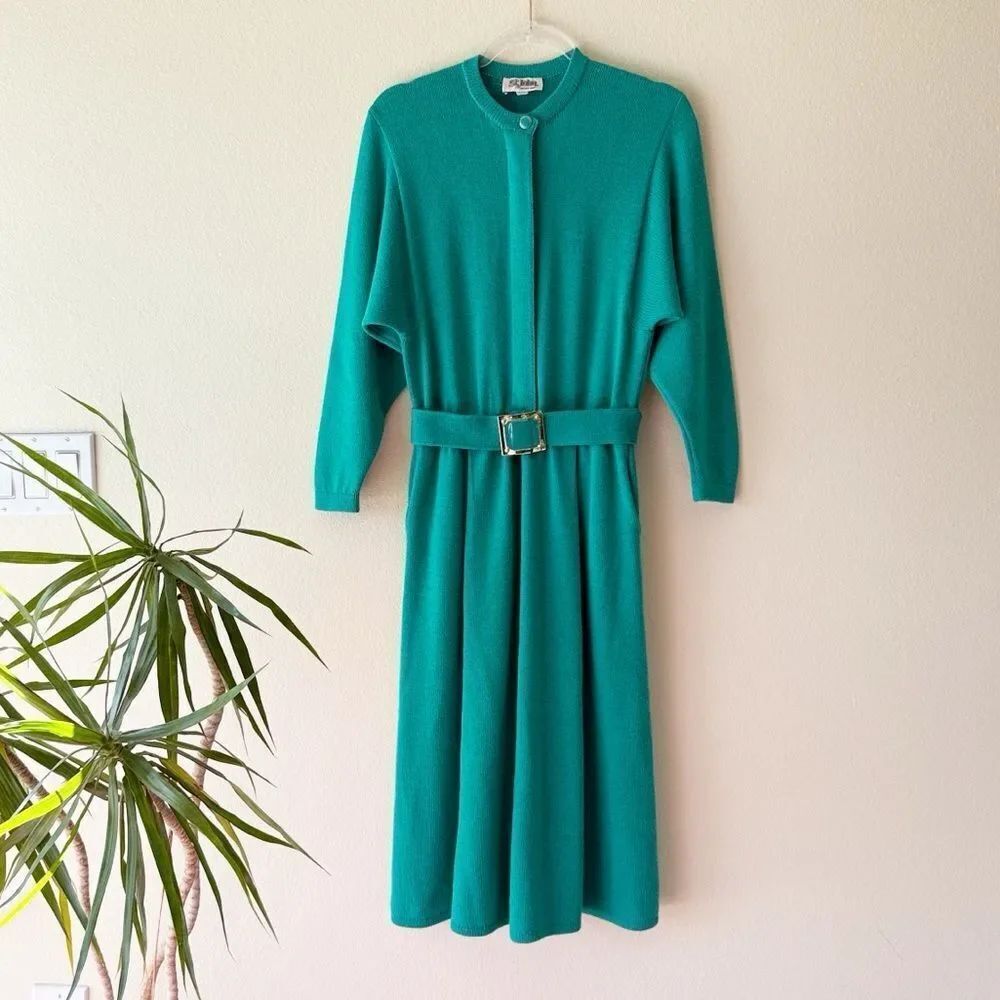 St. John Marie Gray Vintage Knit Belted Dress Santana Wool Blend Midcentury